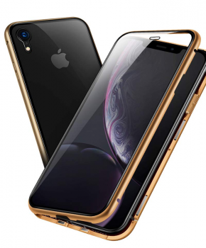 Magnetische case met voor - achterkant gehard glas voor de iPhone XR - Goud