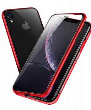 Magnetische case met voor - achterkant gehard glas voor de iPhone XR - Rood