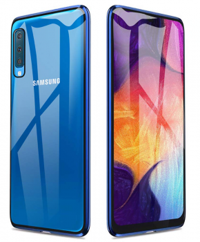 Magnetische aluminium case - vol glas - voor de Samsung A50 - blauw