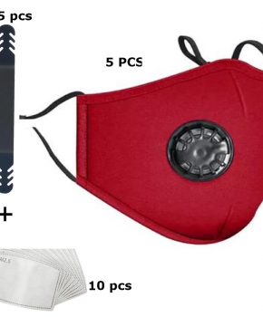 5 pack mondmasker - mondkapje met ademfilter rood - compleet