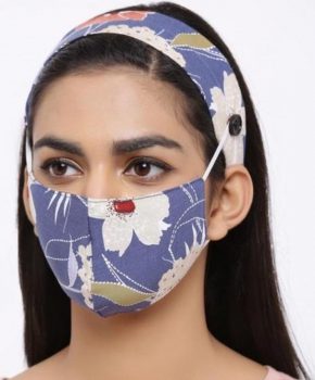 Fashion katoenen mondkapje met haarband - bloemen blauw
