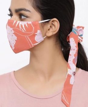 Fashion wasbaar katoenen tiener mondkapje met Scrunchie - bloemen oranje