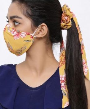 Fashion wasbaar katoenen kinder mondkapje met Scrunchie - bloemen geel