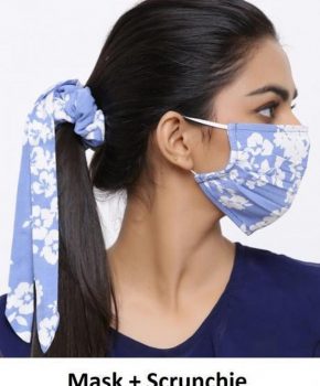 Fashion katoenen mondkapje met Scrunchie - bloemen blauw