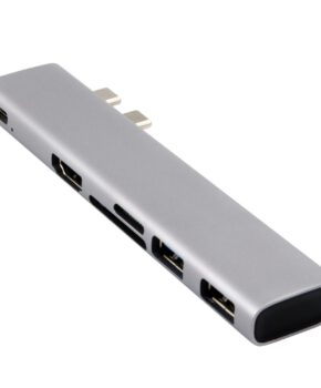 6 in 1 adapter voor macbook - 2x USB 3.0; SD; MicroSD; USB-C; HDMI - zilver